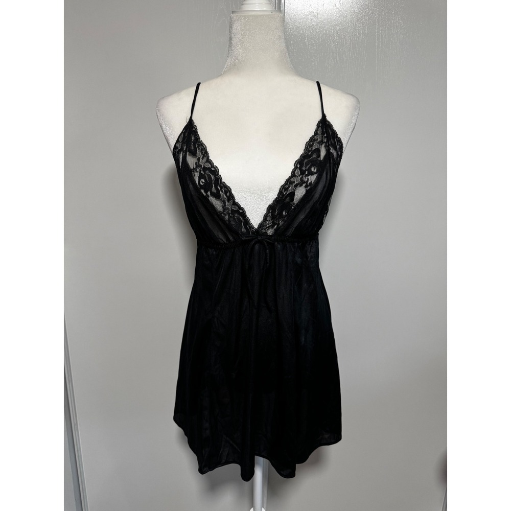 Vintage Tres Chic Designs Black Lace Trim Babydoll Chemise Nightie Women's Med